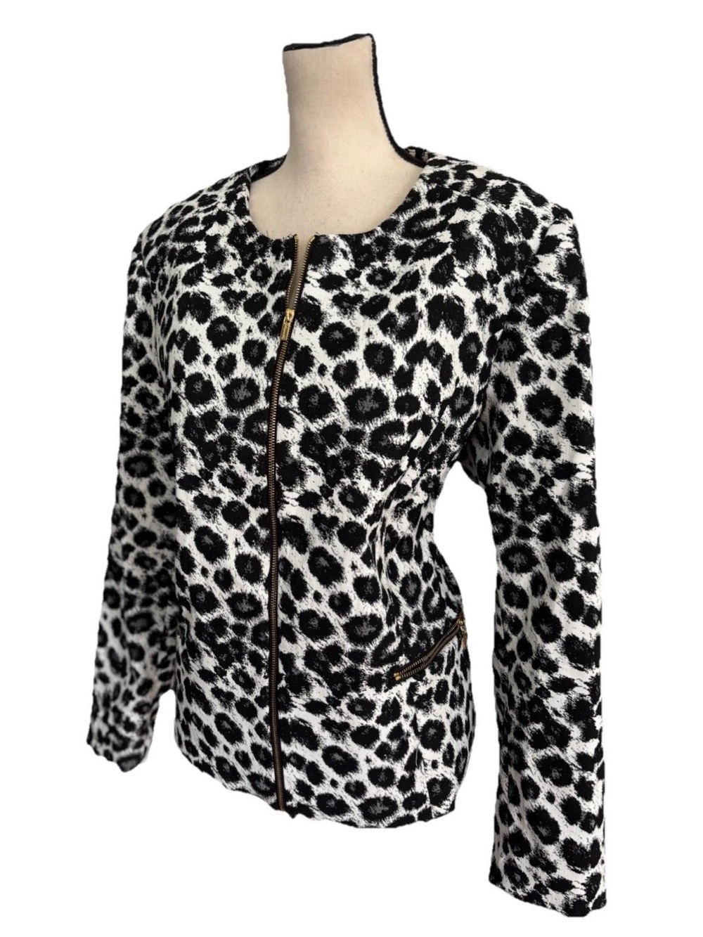 Calvin Klein Blazer Leopard Print Zip-Front Women's Jacket Black & White 20 W